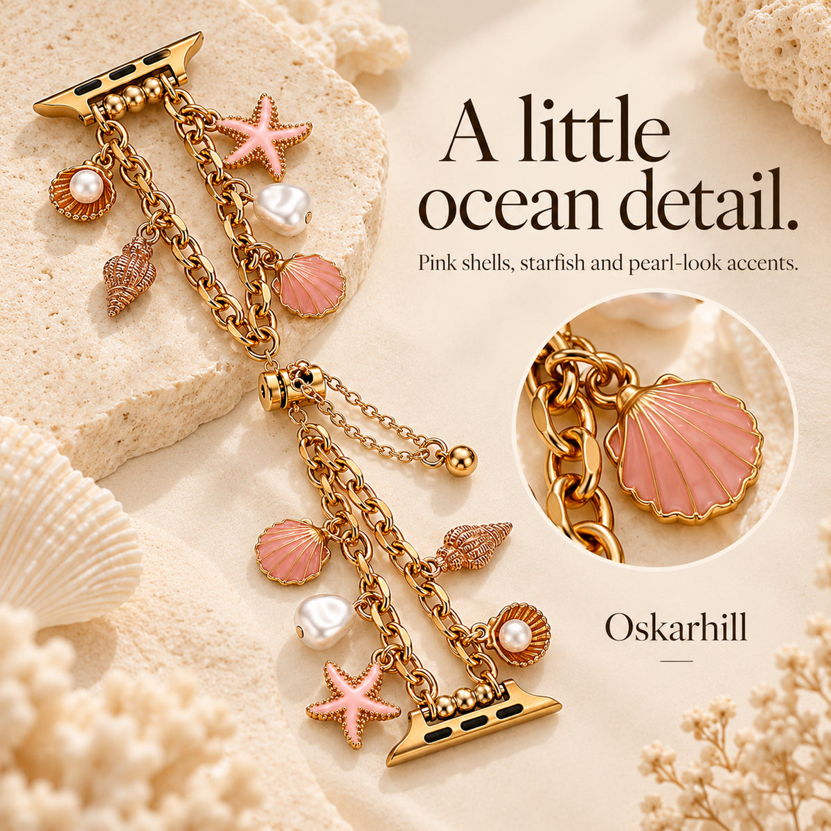 Mariselle ocean charm band with a magnified pink seashell and gold-tone edge