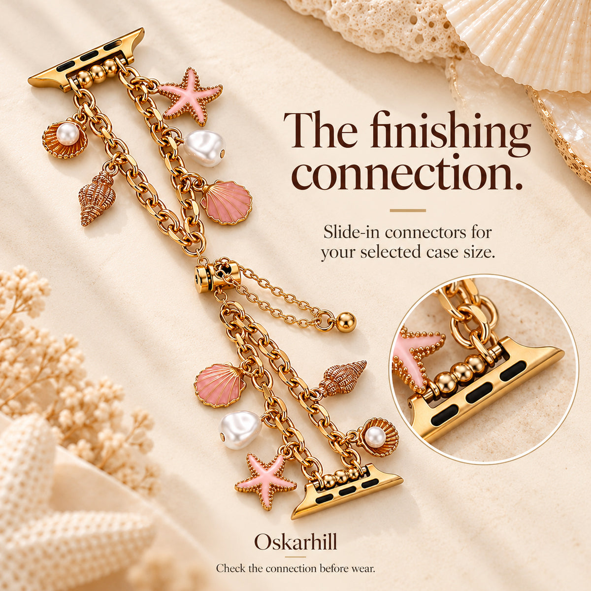Mariselle slide-in watch connector with a magnified gold-tone adapter detail