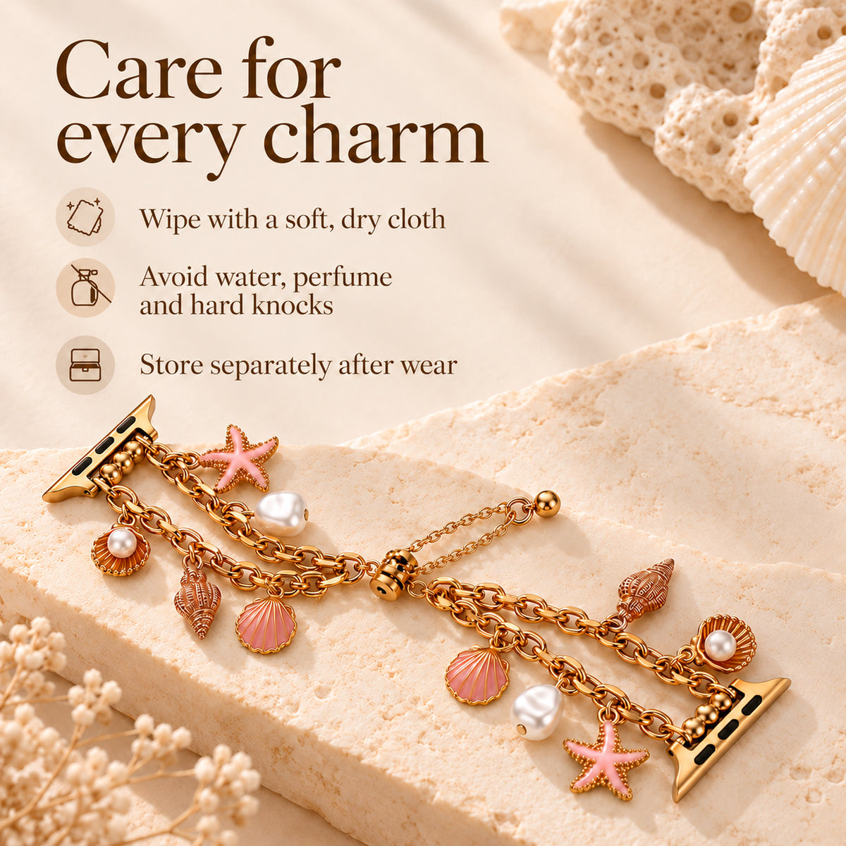Care guide for Mariselle gold-tone shell and starfish Apple Watch band