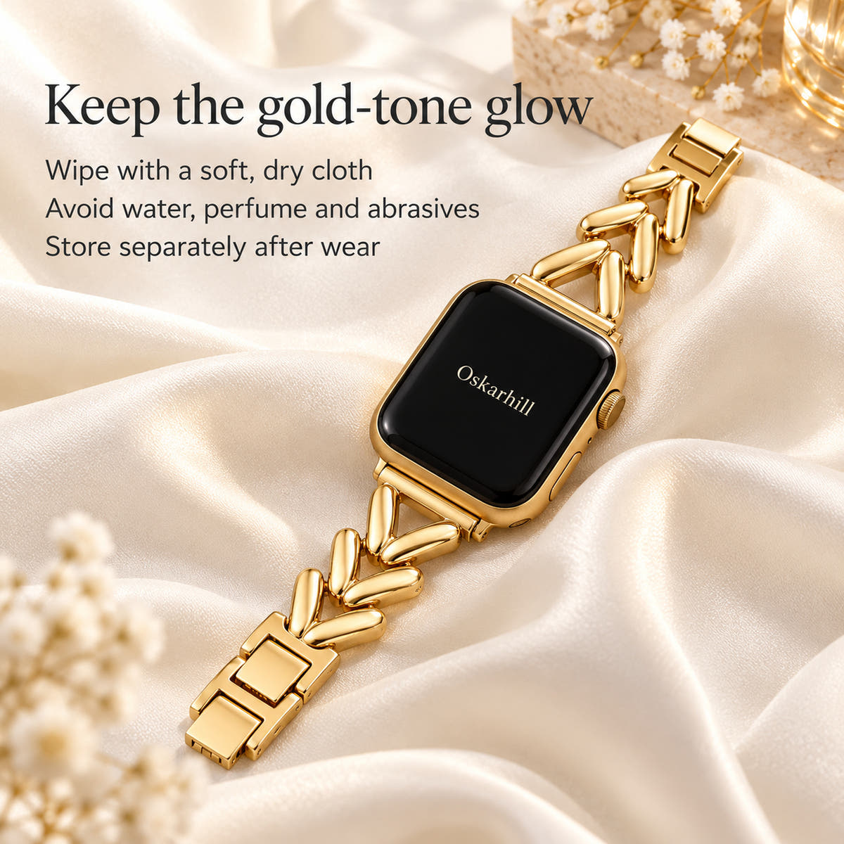 Care guide for the Monelle gold-tone Apple Watch bracelet band