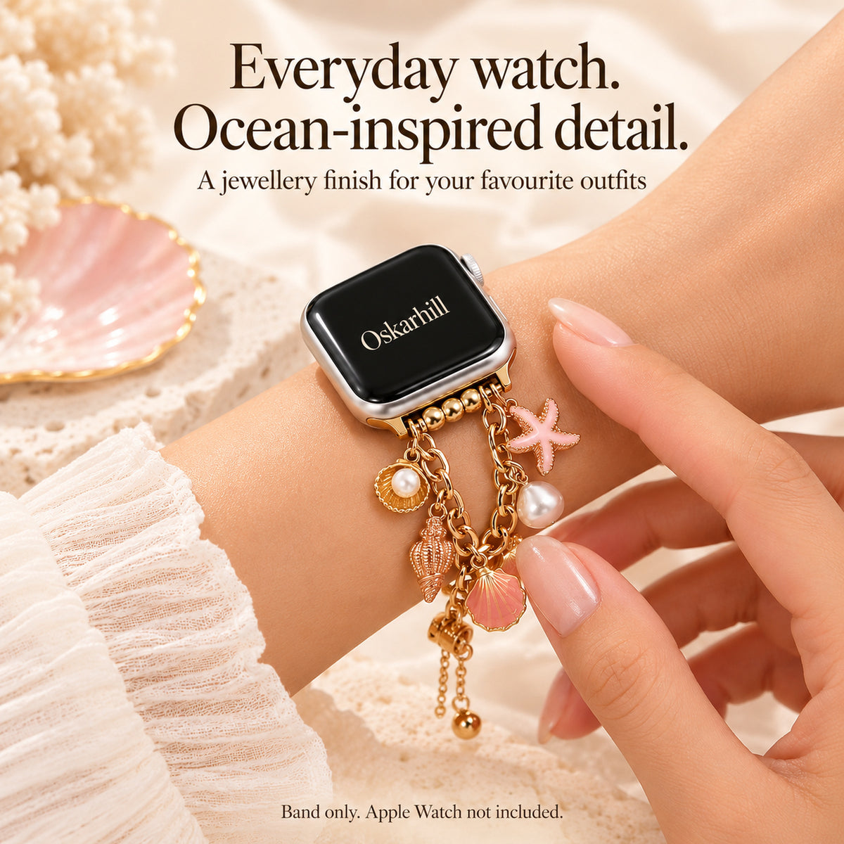 Mariselle ocean charm Apple Watch band styled on a wrist with band-only information