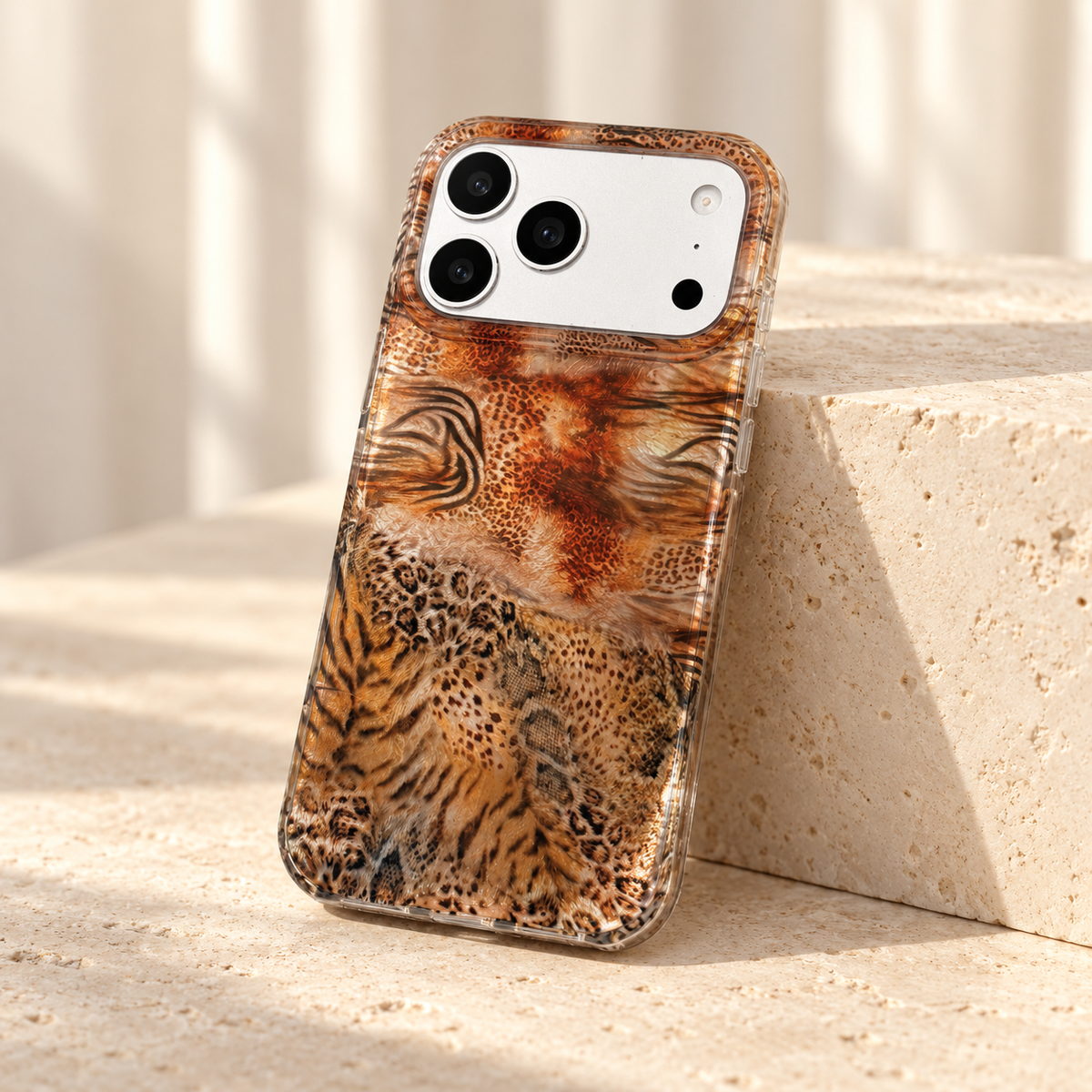 Animal Mix Amber Shimmer case at a three-quarter rear angle showing glossy reflections.