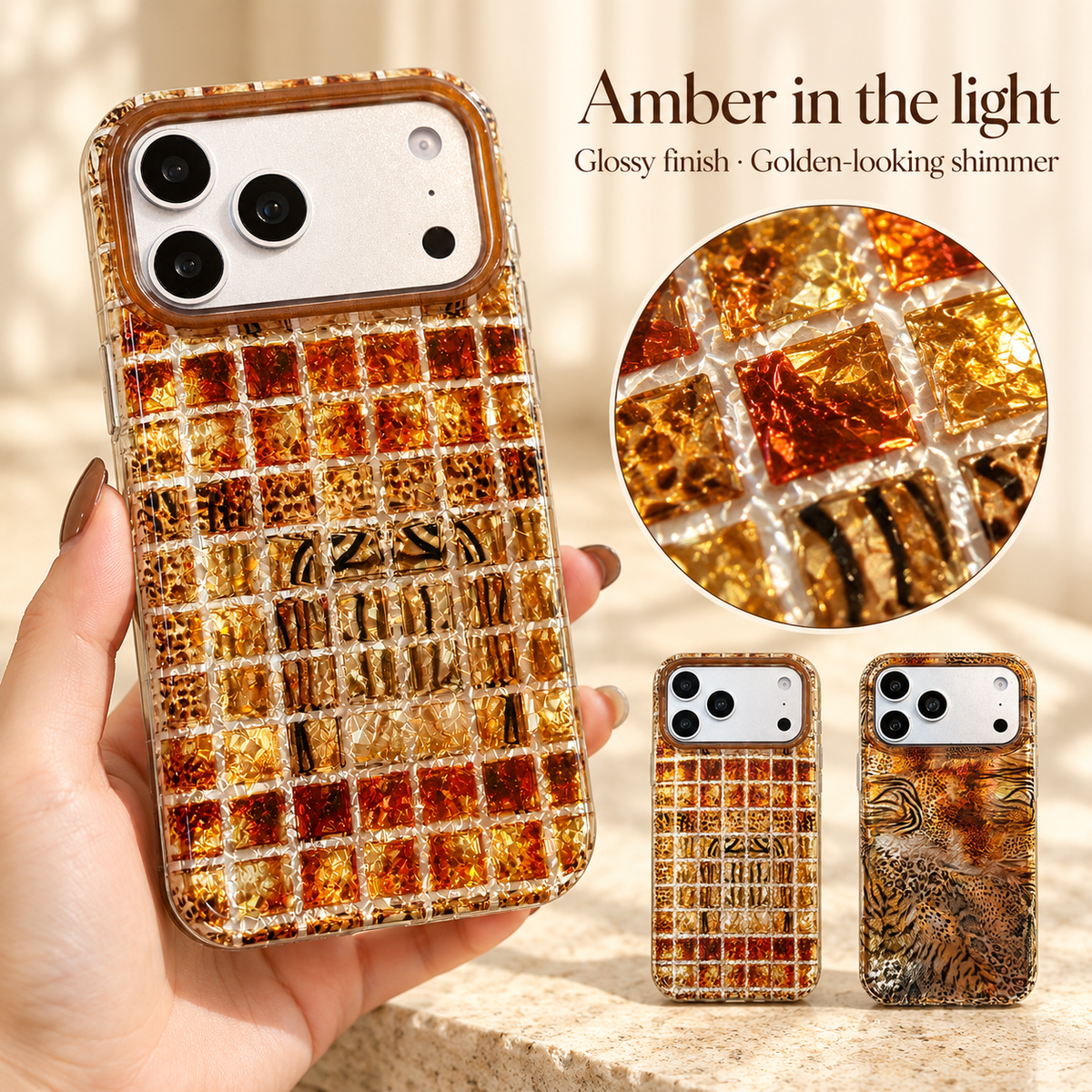 Amber Shimmer phone case information image showing the glossy golden-looking surface finish.