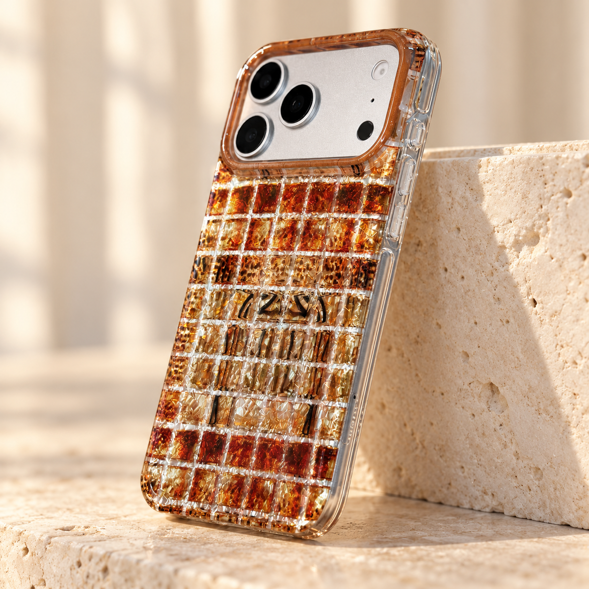 Clear side edge and control detail of the Plaid Amber Shimmer iPhone case.