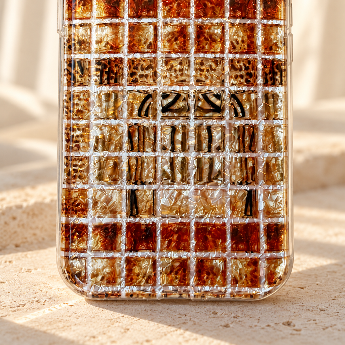 Close-up of the lower Plaid pattern on the Amber Shimmer iPhone case.