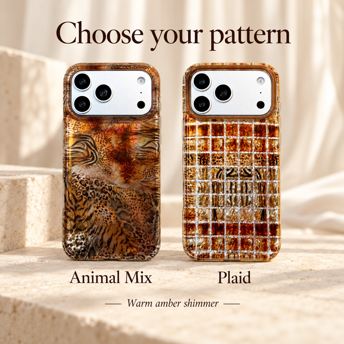 Amber Shimmer iPhone case style guide comparing Animal Mix and Plaid.