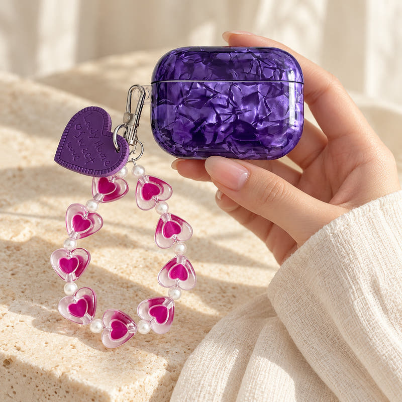 Amethyst Marble AirPods case — hero with glossy purple finish and heart-bead charm strap