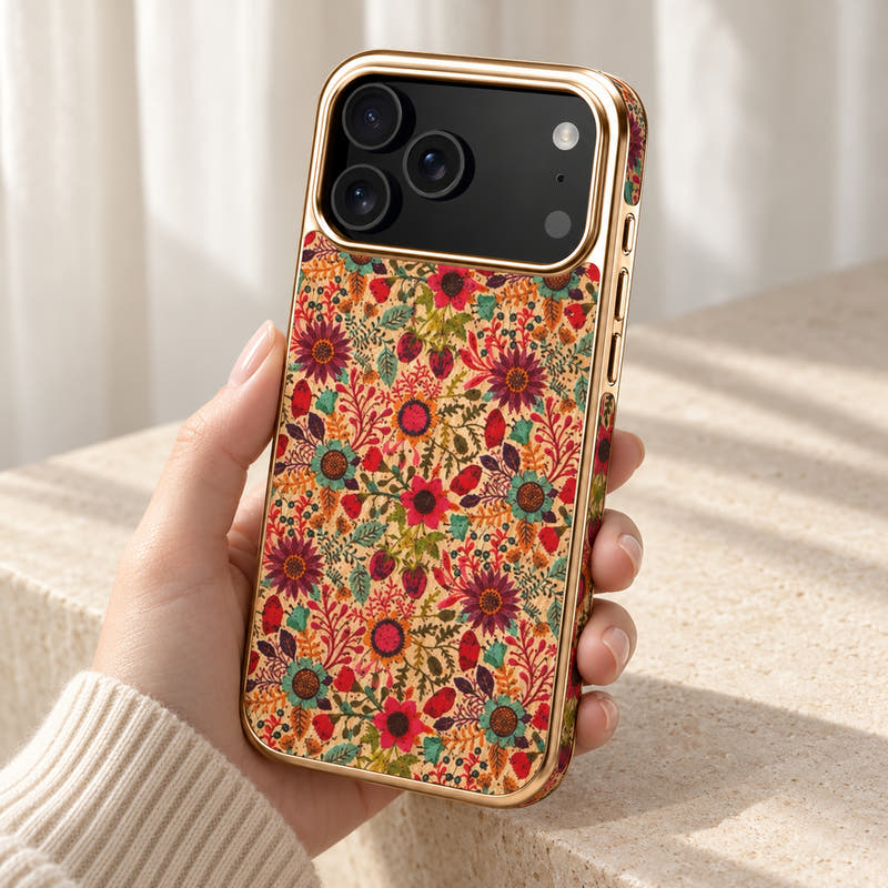 Artisan MagSafe-compatible iPhone case in Sunflower, handheld with its original patterned back and gold-tone trim.