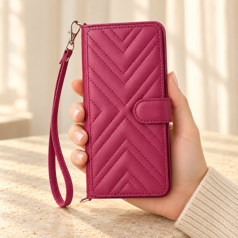 Aurelia Quilted Red iPhone wallet case held in a cream-sleeved hand, showing the quilted front, snap closure and matching wrist strap.