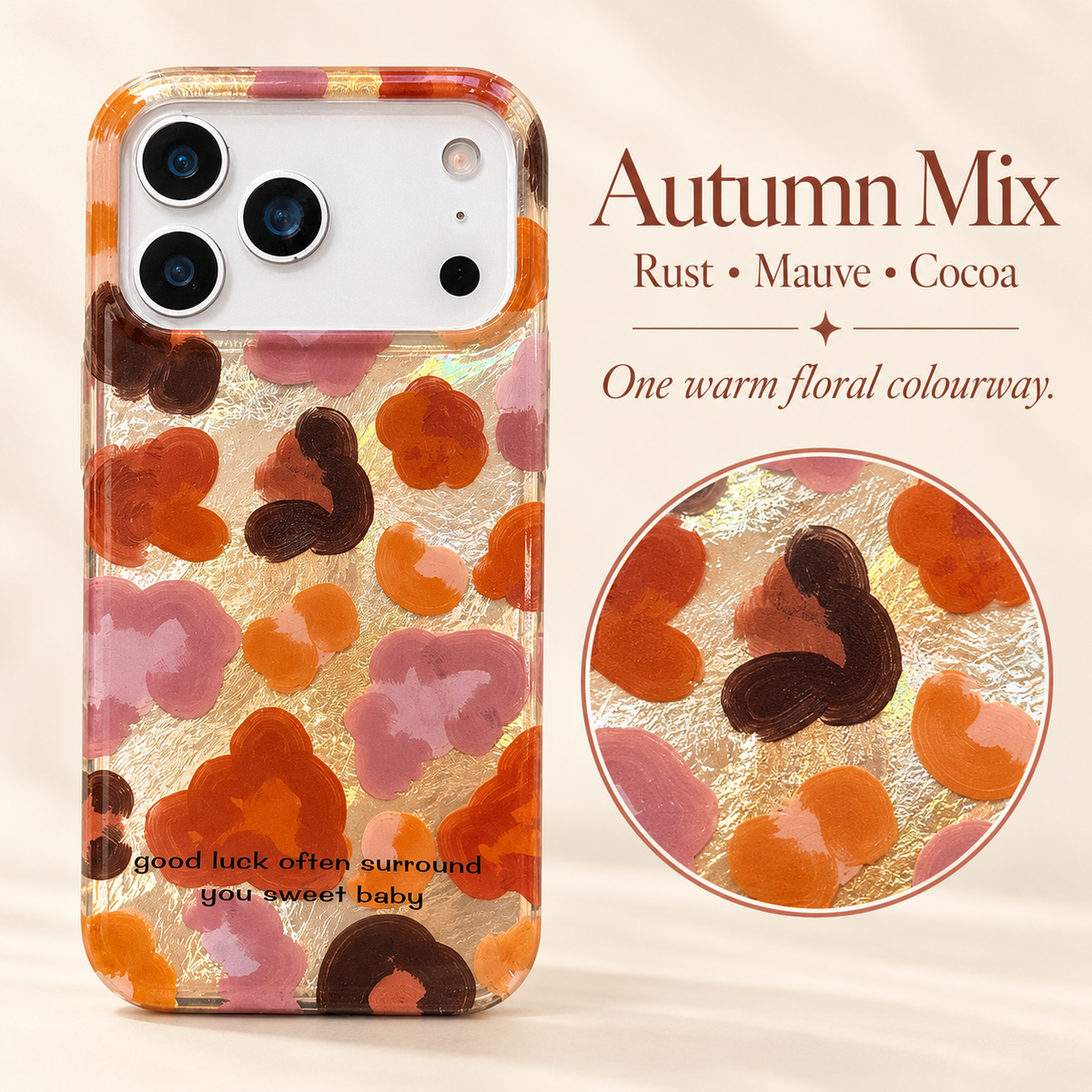 Autumn Mix floral case colour guide showing the full case, rust, mauve and cocoa accents, and a circular close-up of the warm floral print.