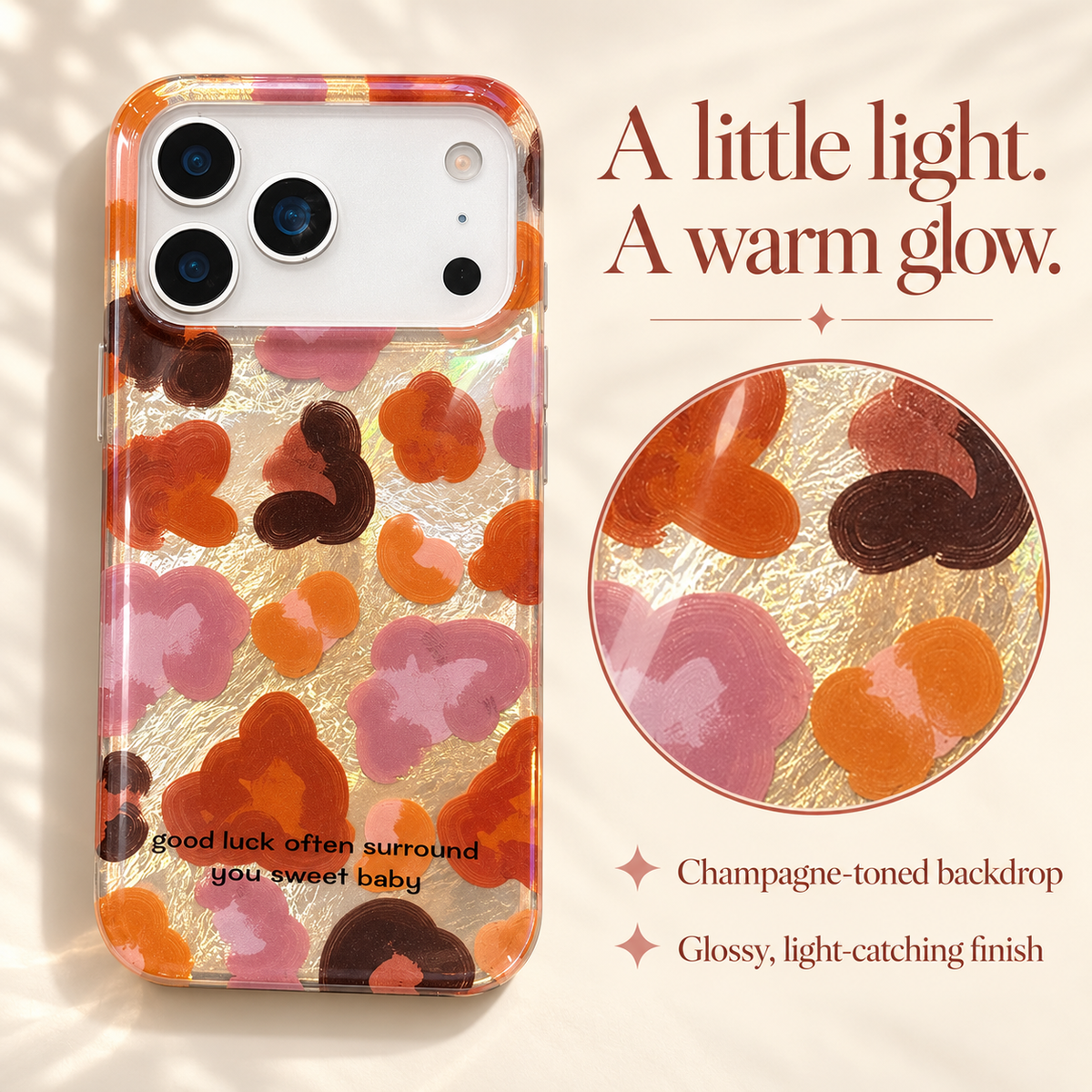 Autumn Mix case shown in full beside a circular close-up of its champagne-toned, glossy light-catching background between the printed flowers.