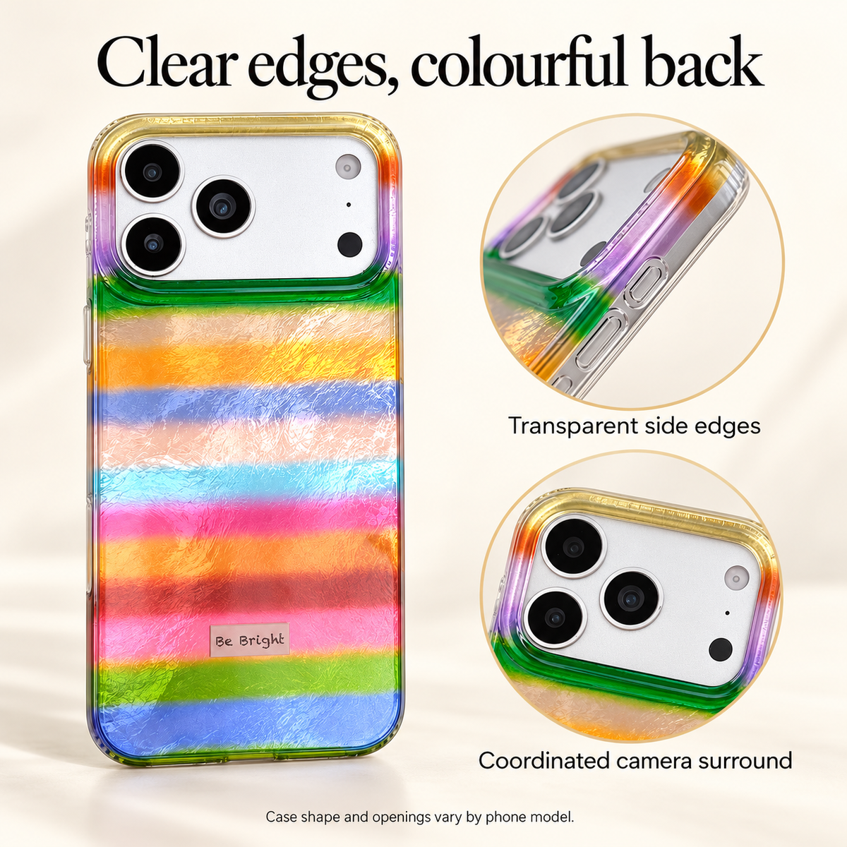 Clear side edges and coordinated multicolour camera surround on the rainbow stripe case.