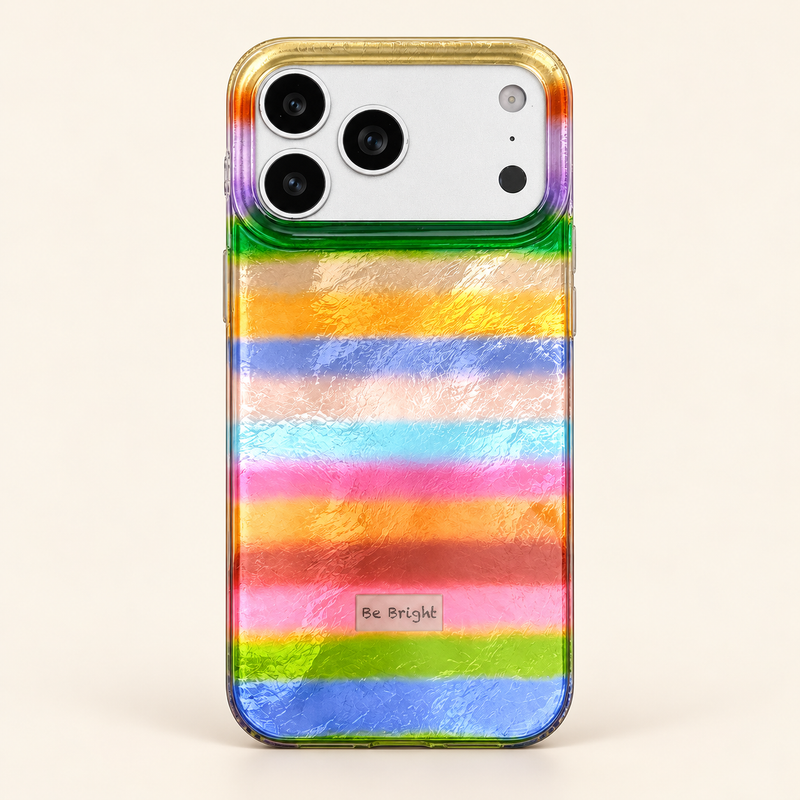 Be Bright rainbow stripe iPhone case — full rear studio view.