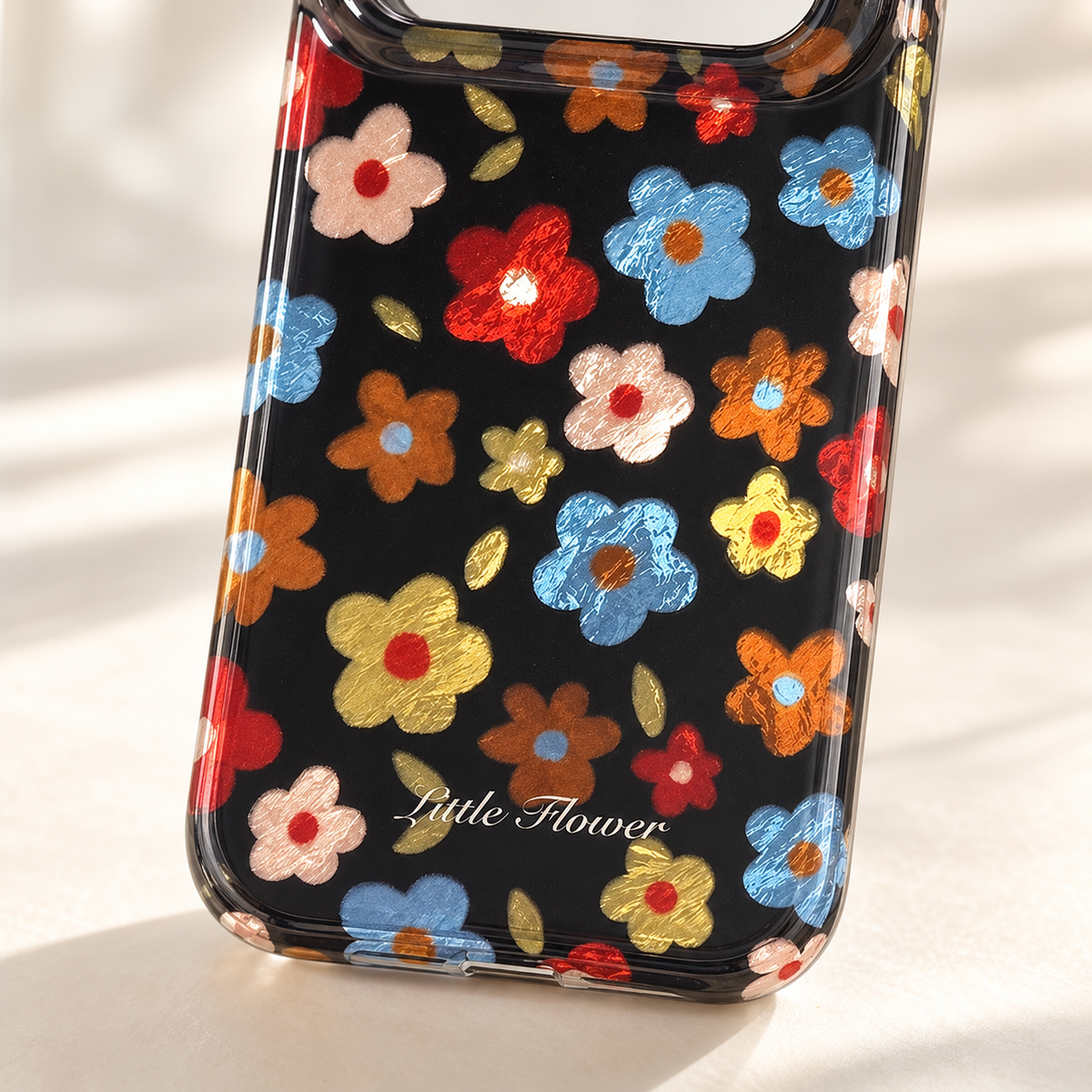 Retro Daisy Floral iPhone Case in Cream or Black — Black Floral, pattern detail