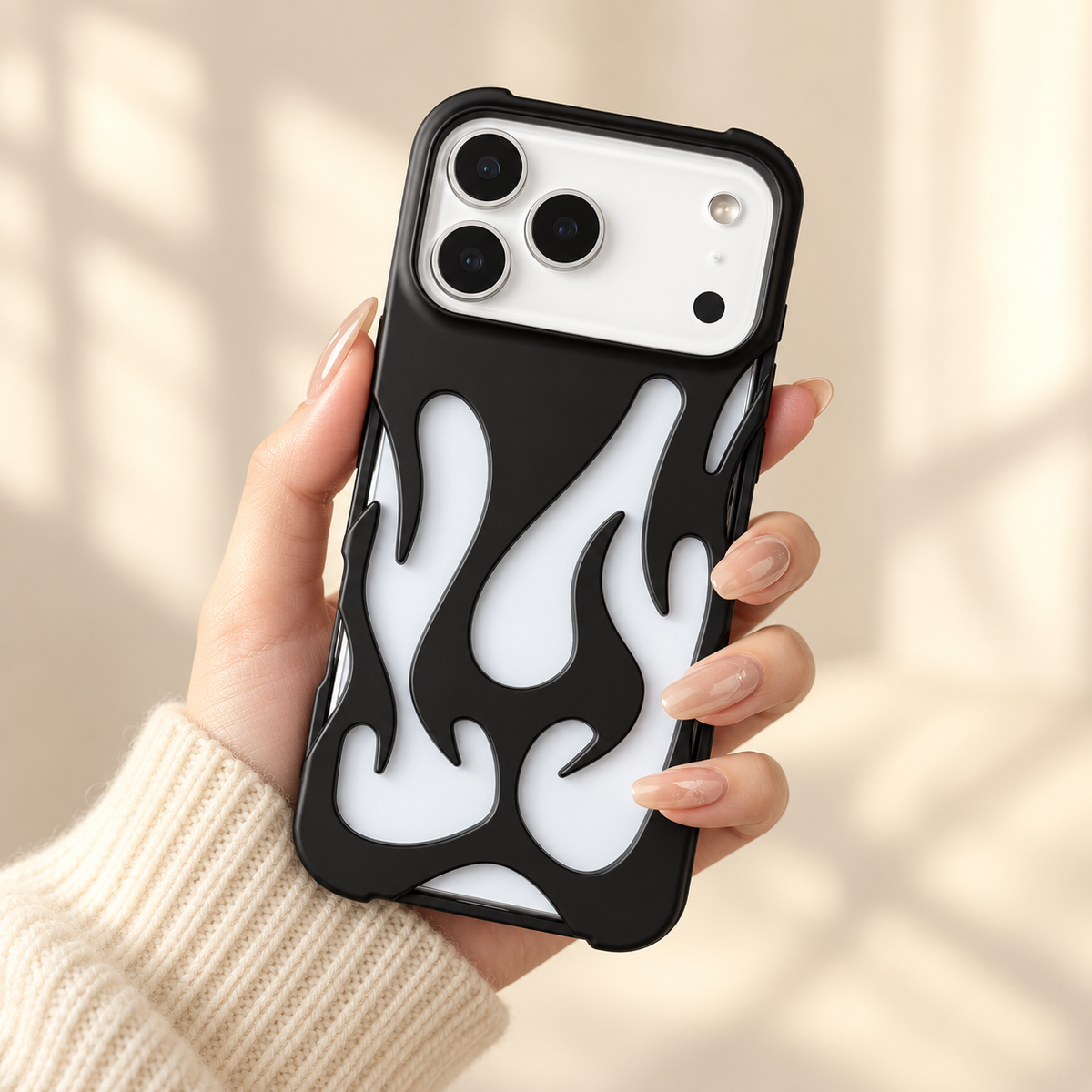 Flame Contrast iPhone Case in Metallic and Black Finishes — Black, handheld