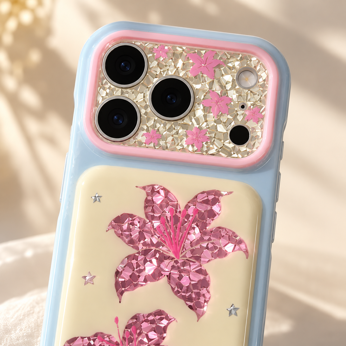 Iridescent Blush Lily iPhone Case — decorated camera surround close-up