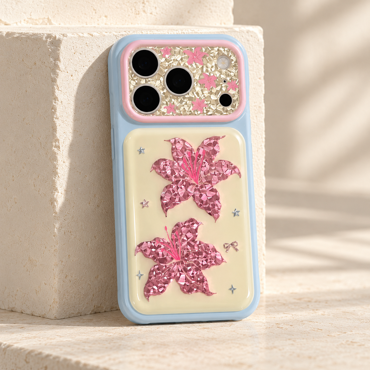 Iridescent Blush Lily iPhone Case — slight rear angle from left