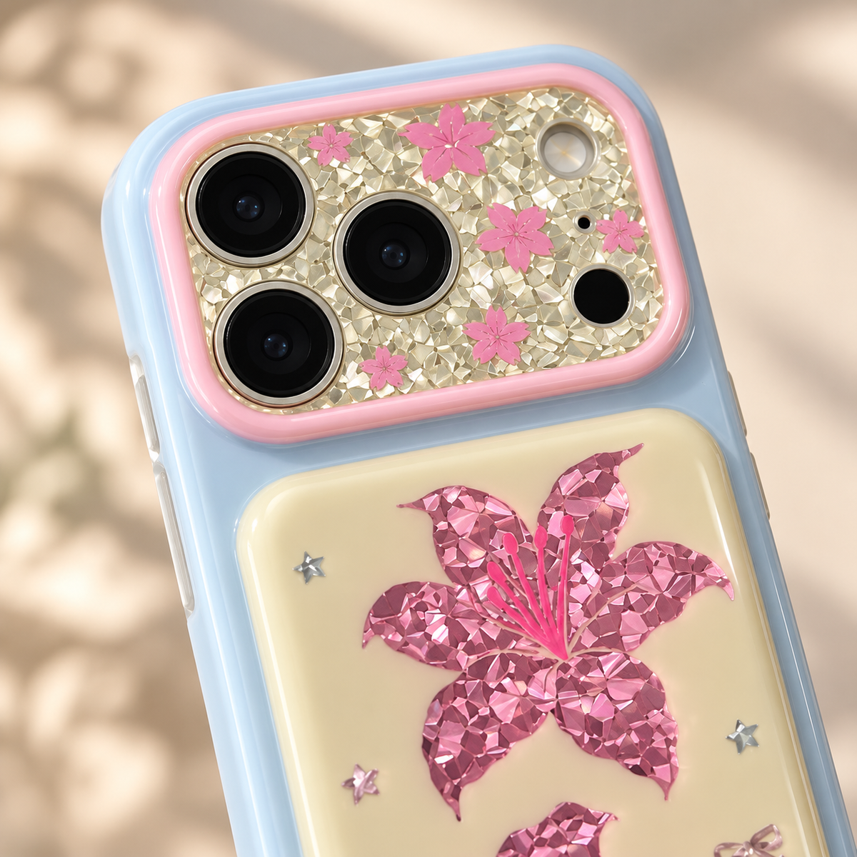 Iridescent Blush Lily iPhone Case — upper corner and camera border detail