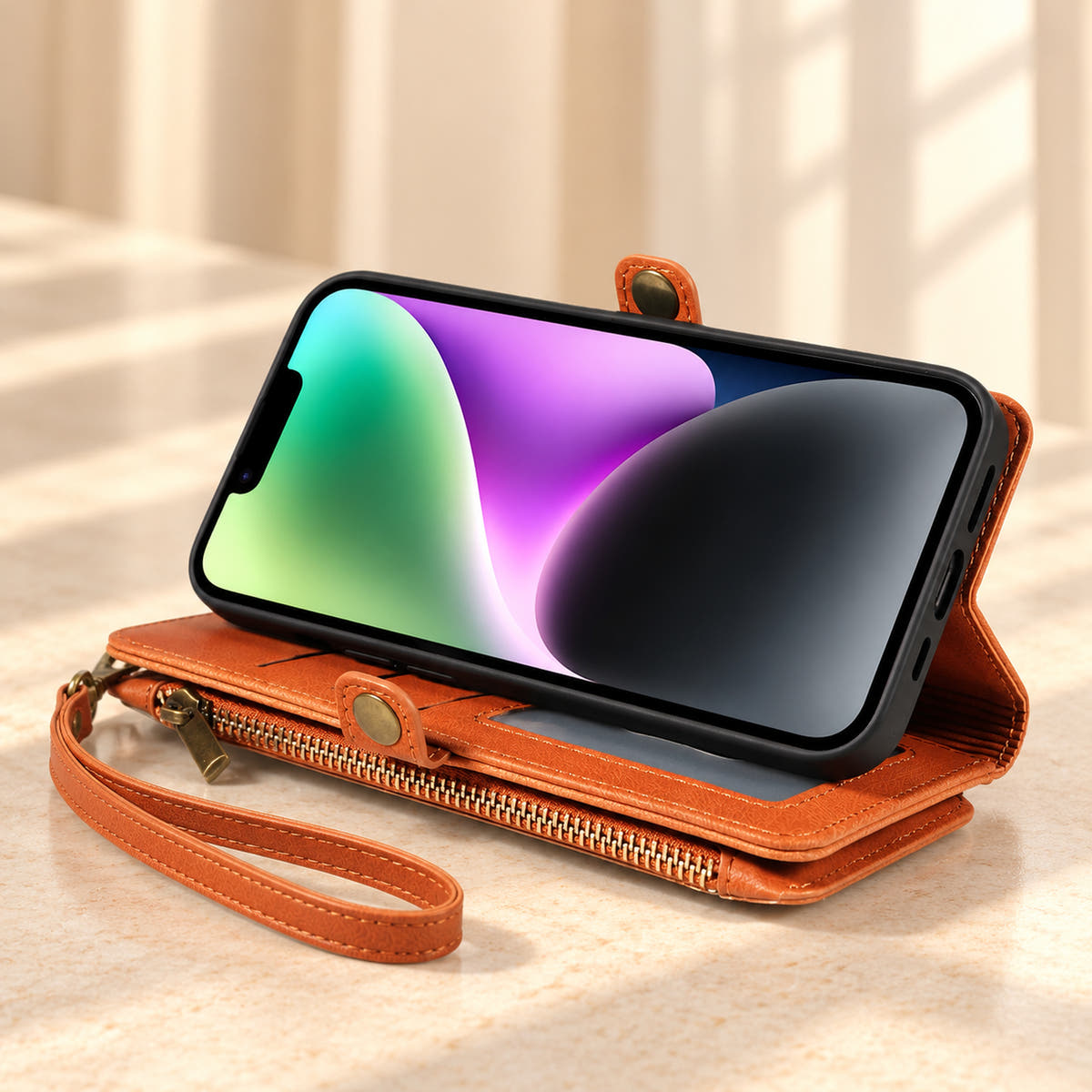 BlushCarry wallet phone case in Brown folded into a landscape viewing stand with its zip wallet section visible.