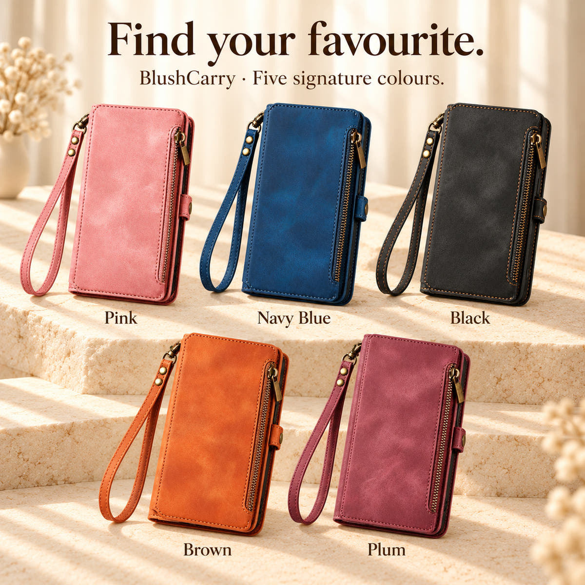 BlushCarry wallet phone case colour guide showing Pink, Navy Blue, Black, Brown and Plum with their matching wrist straps.