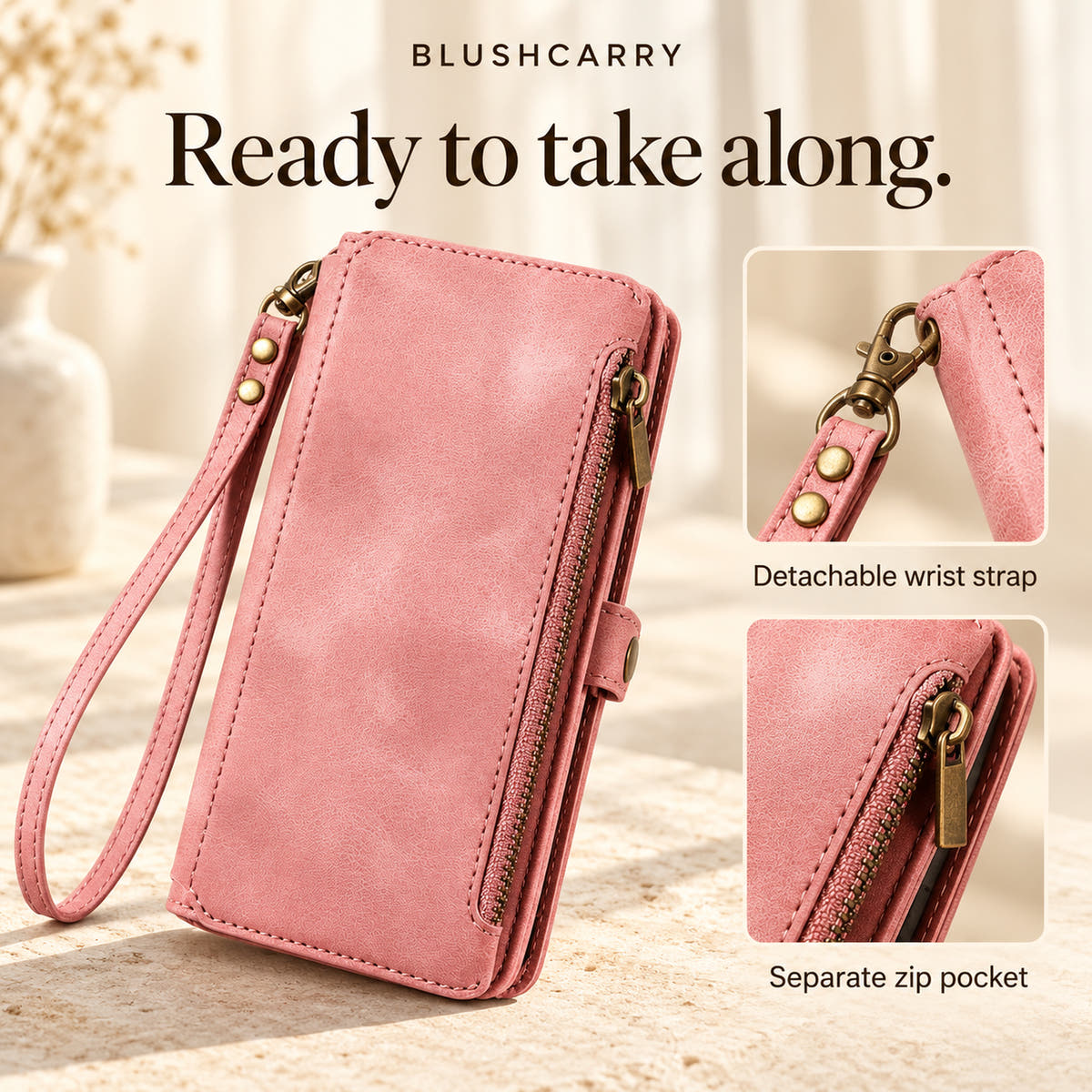 BlushCarry Pink wallet case with matching detachable wrist strap and close-up details of its bronze-tone clip and separate edge zip pocket.