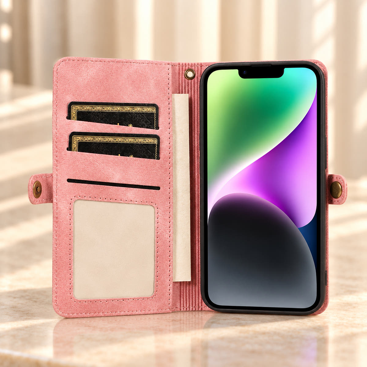 Open Pink BlushCarry wallet phone case showing inner card storage, photo window and notes pocket.