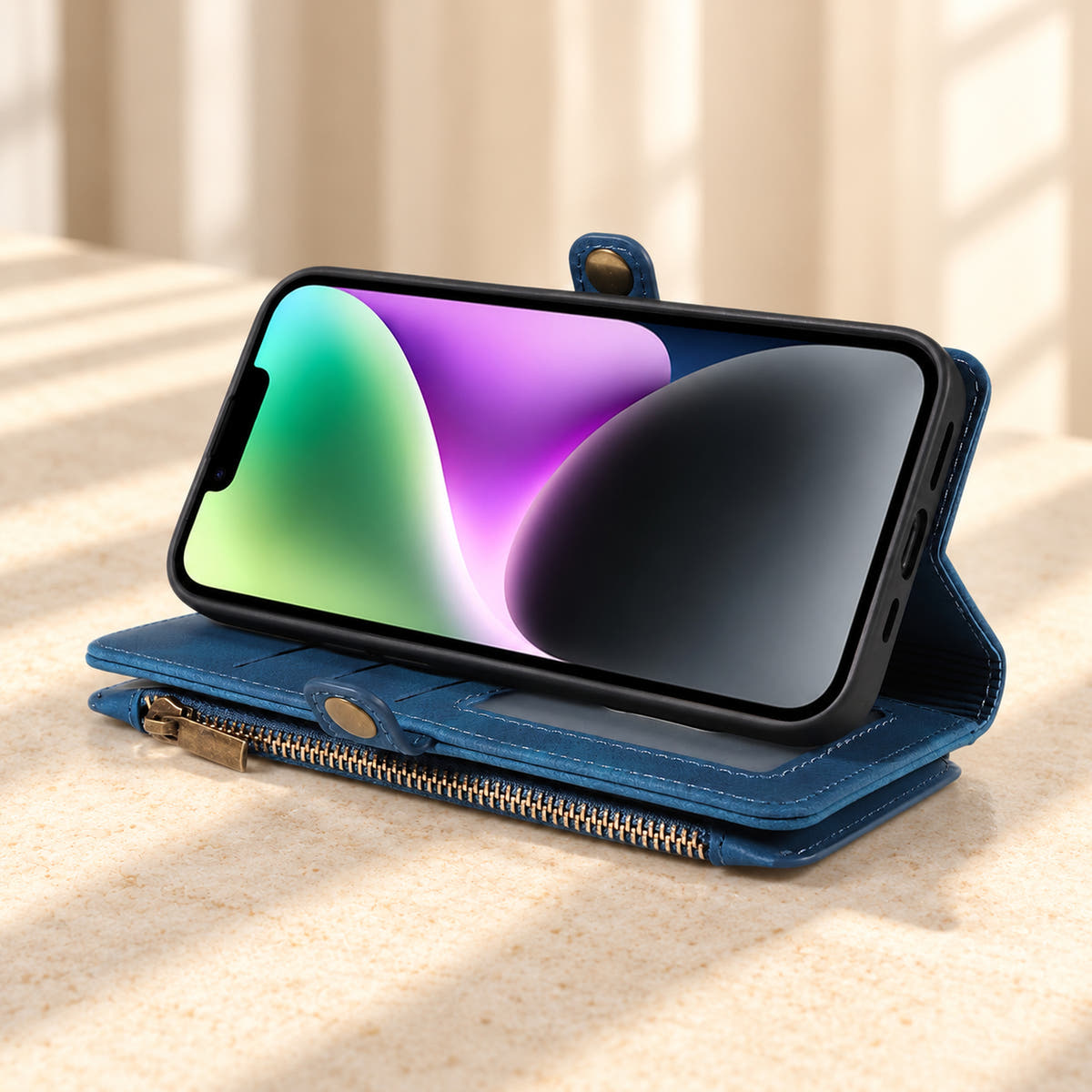 BlushCarry Navy Blue wallet phone case folded into a landscape viewing stand with its card flap and straight edge zipper visible.