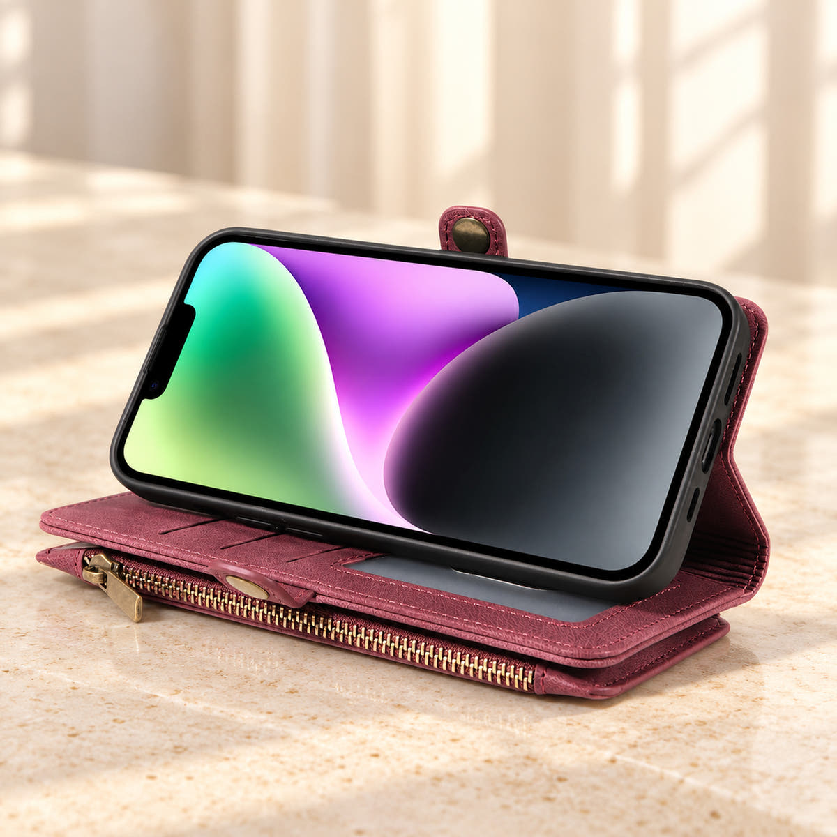 BlushCarry wallet phone case in Plum folded into a landscape viewing stand with its zip wallet section visible.