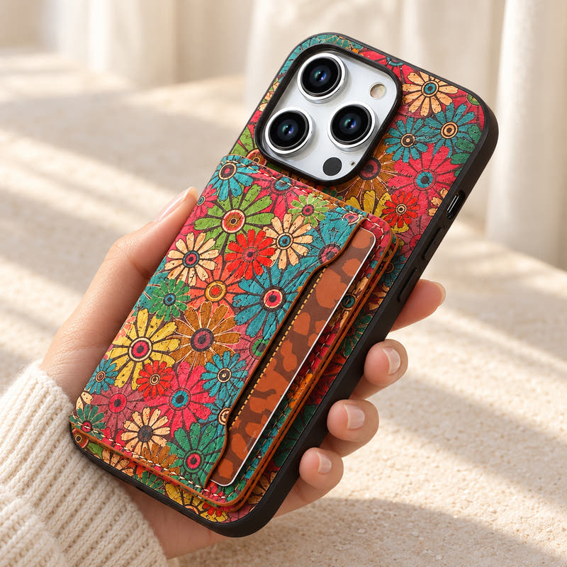 Bohemian iPhone card holder case, Design #1, handheld rear view with its distinct printed pattern and card wallet.