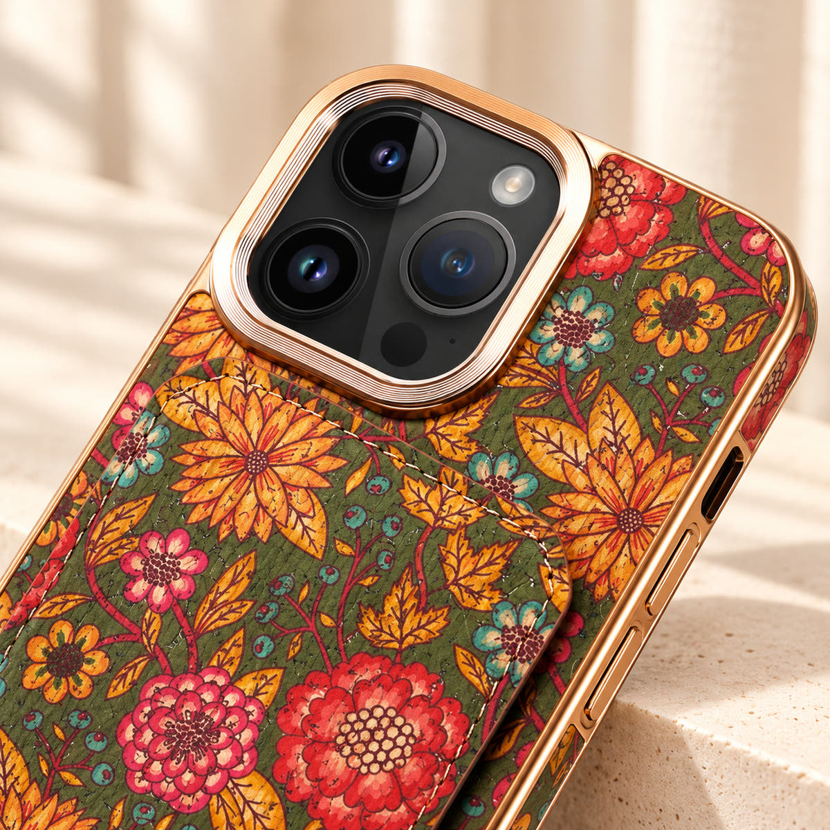 Bohemian gold-trim iPhone card holder case in Design #1 showing the gold-tone camera border and printed upper panel