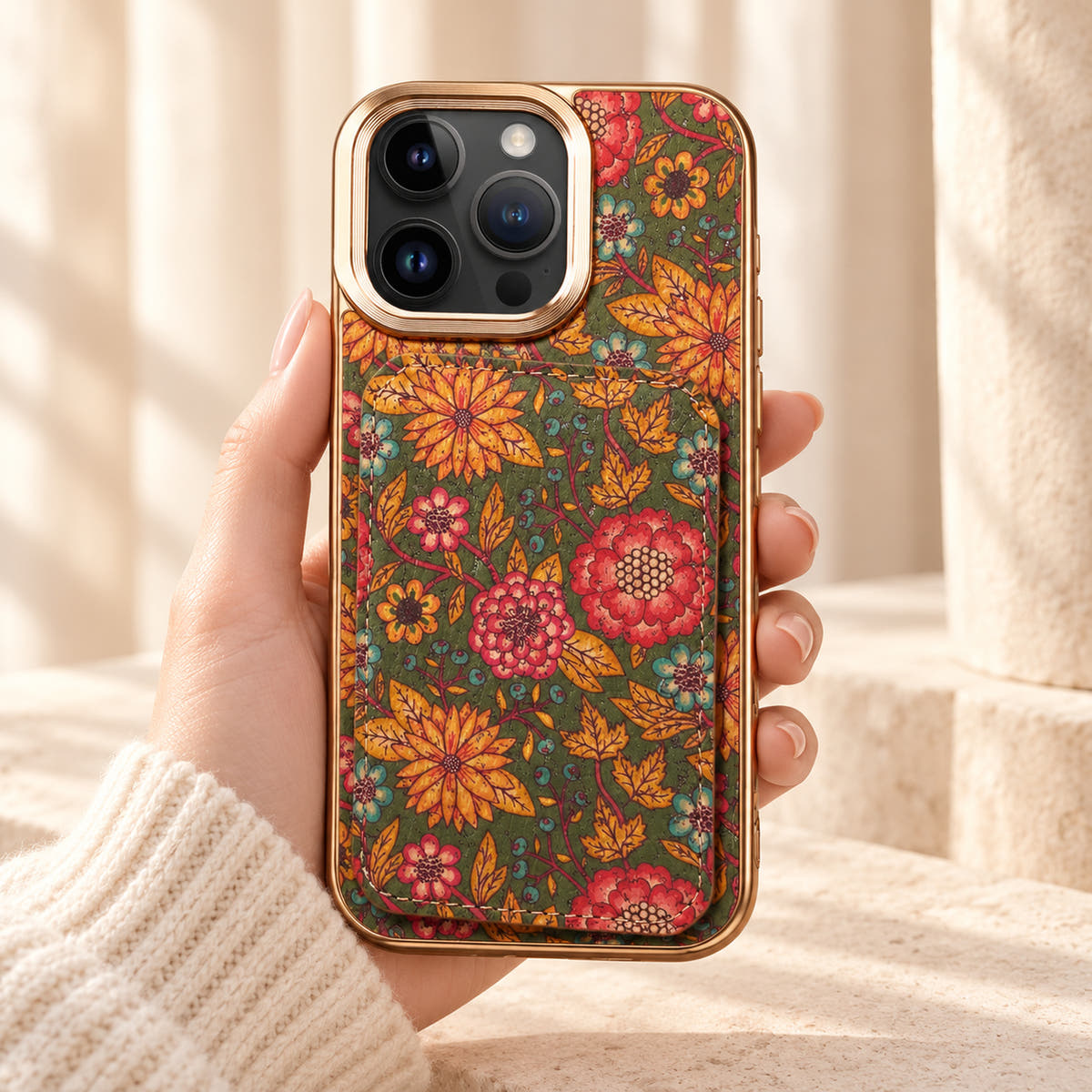 Bohemian gold-trim iPhone card holder case in Design #1 showing the full printed rear wallet held in a cream-sleeve hand