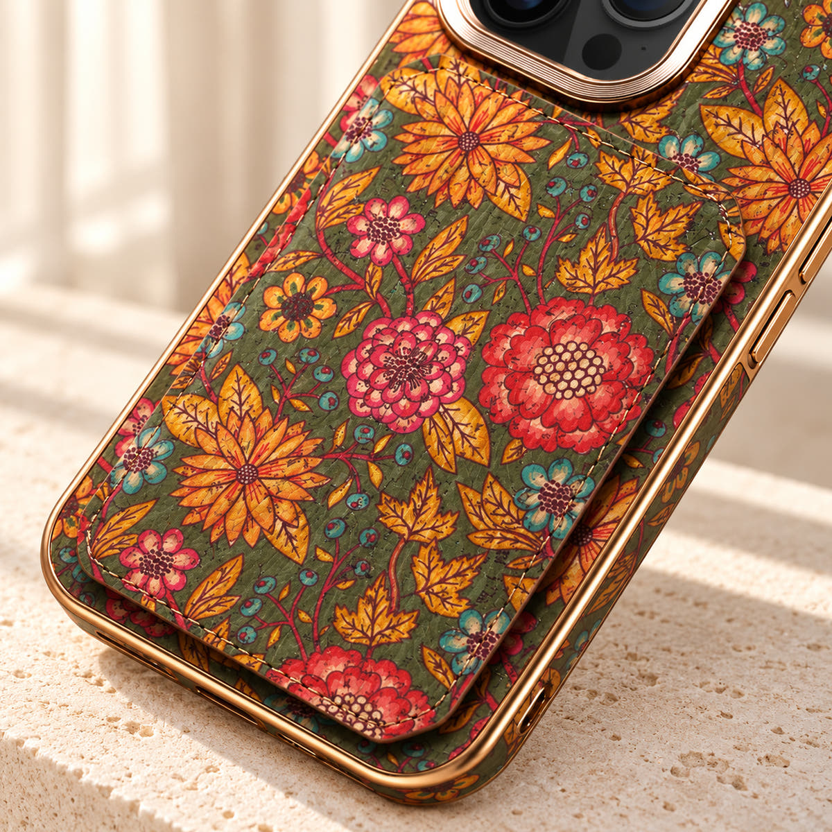 Bohemian gold-trim iPhone card holder case in Design #1 showing the pattern, texture and stitched rear wallet edge