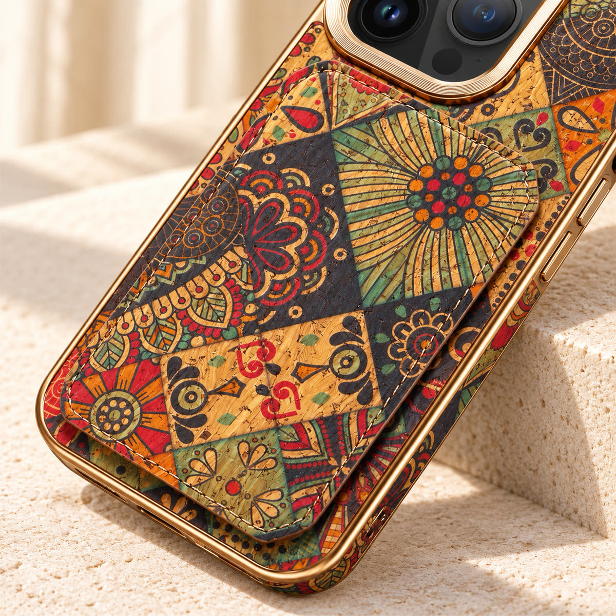 Bohemian gold-trim iPhone card holder case in Design #2 showing the pattern, texture and stitched rear wallet edge
