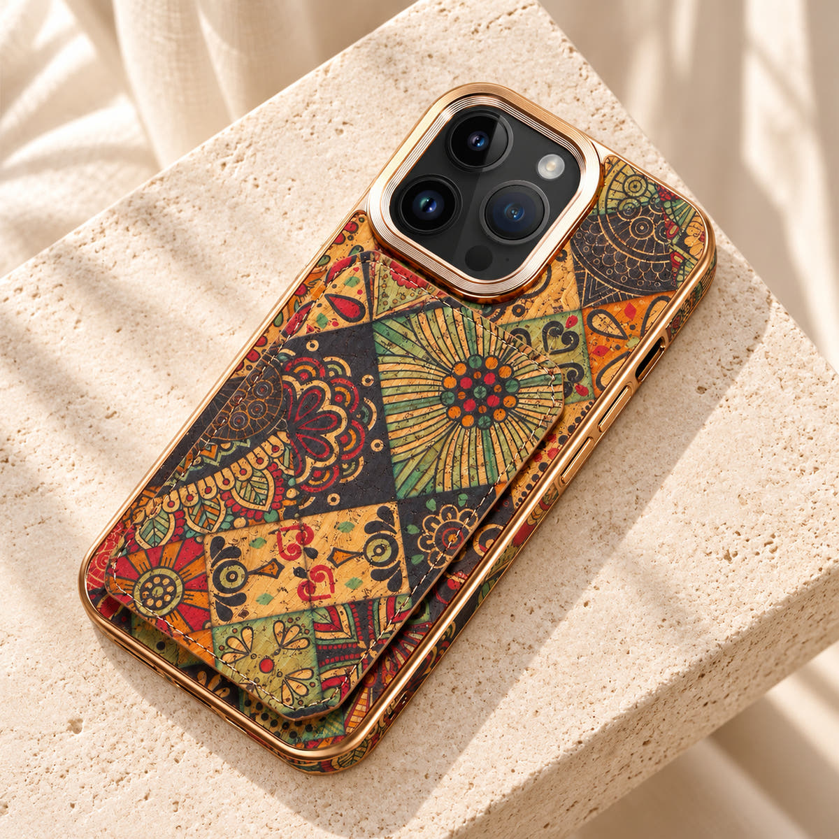 Bohemian gold-trim iPhone card holder case in Design #2 showing the printed wallet panel and gold-tone frame on cream limestone