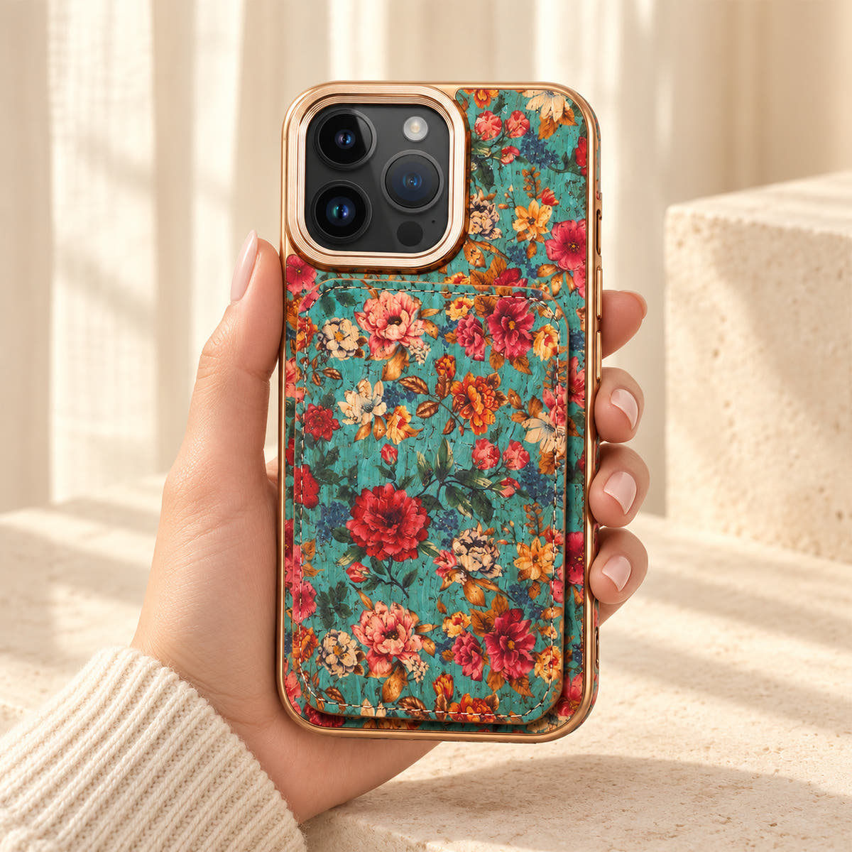 Bohemian gold-trim iPhone card holder case in Design #3 showing the full printed rear wallet held in a cream-sleeve hand