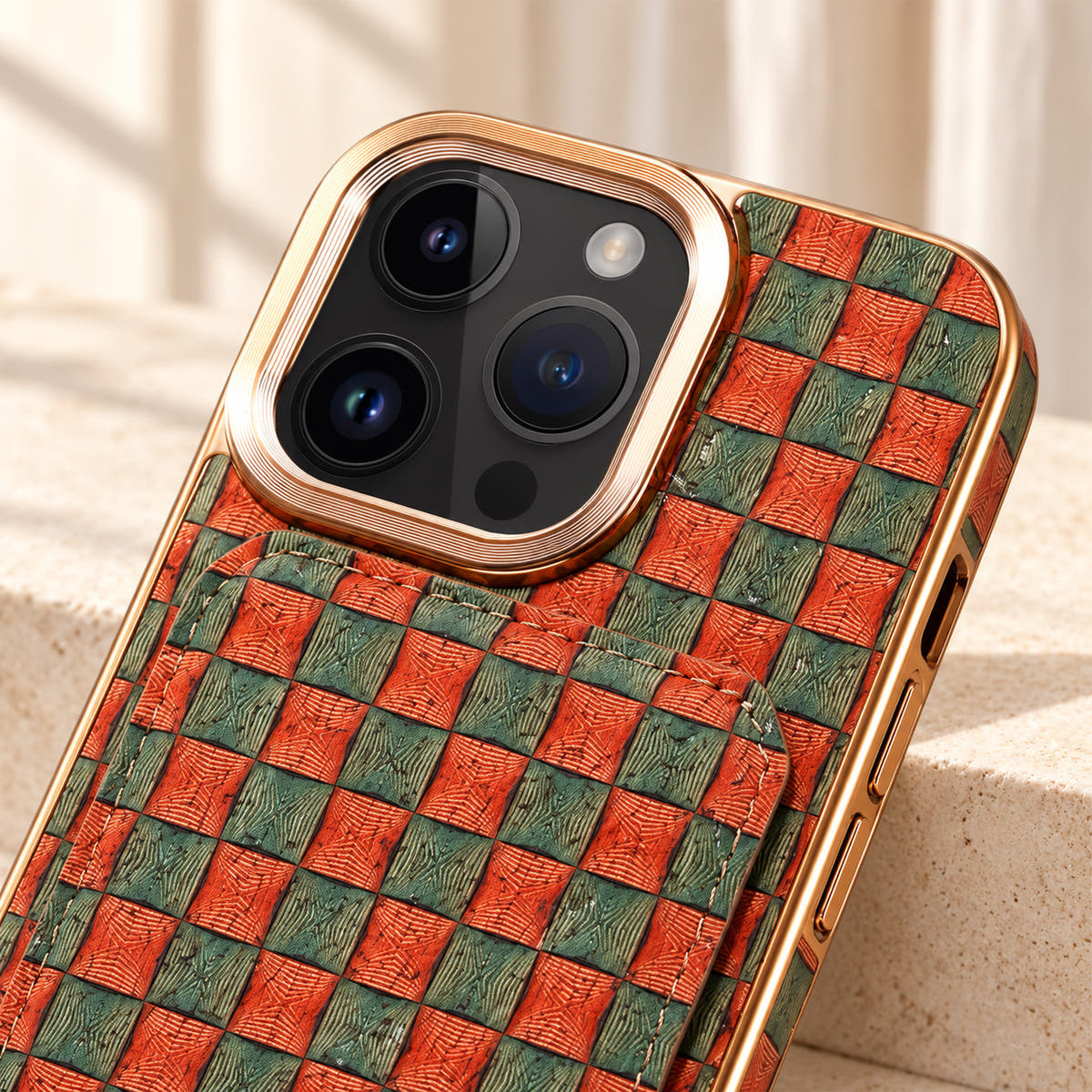 Bohemian gold-trim iPhone card holder case in Design #5 showing the gold-tone camera border and printed upper panel