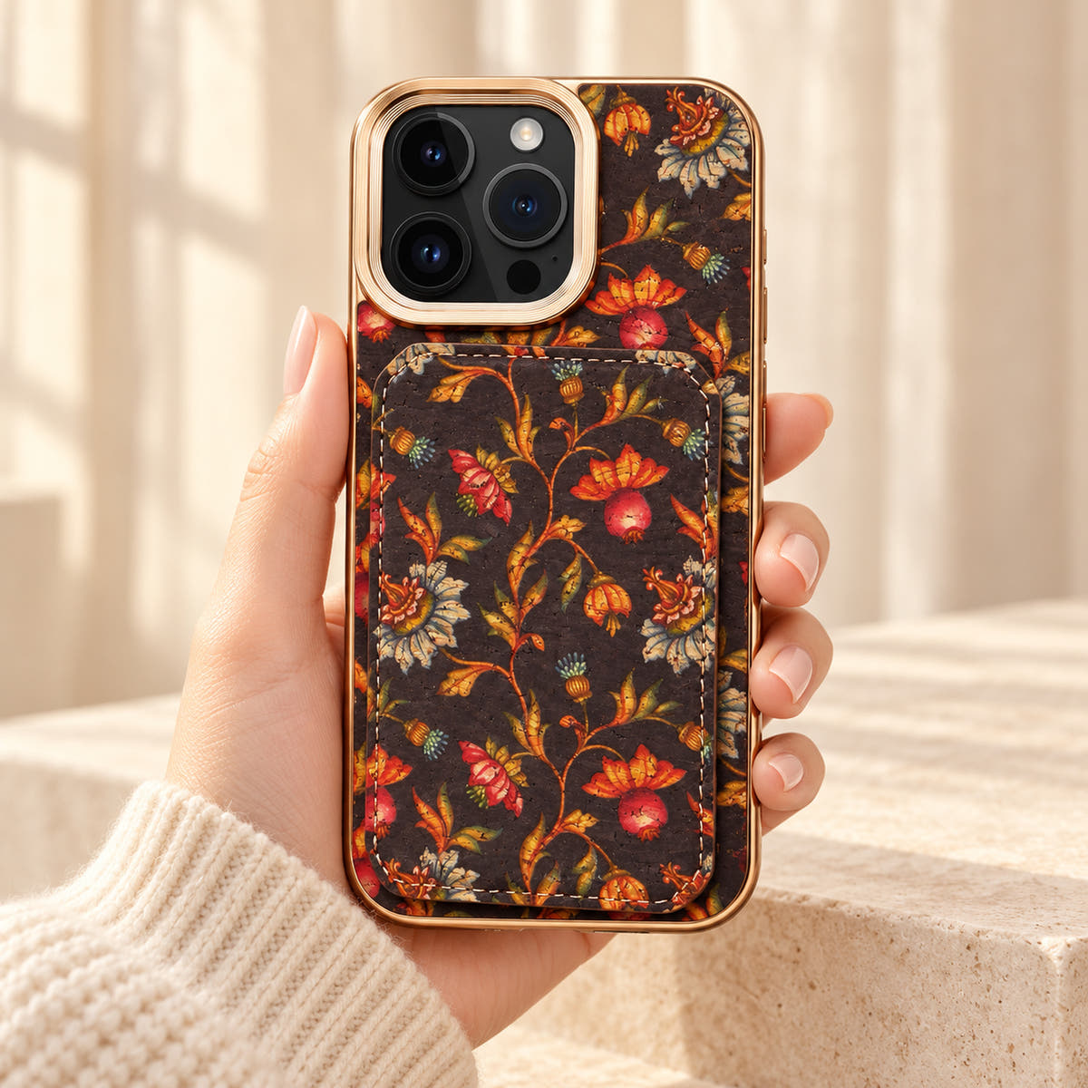Bohemian gold-trim iPhone card holder case in Design #6 showing the full printed rear wallet held in a cream-sleeve hand
