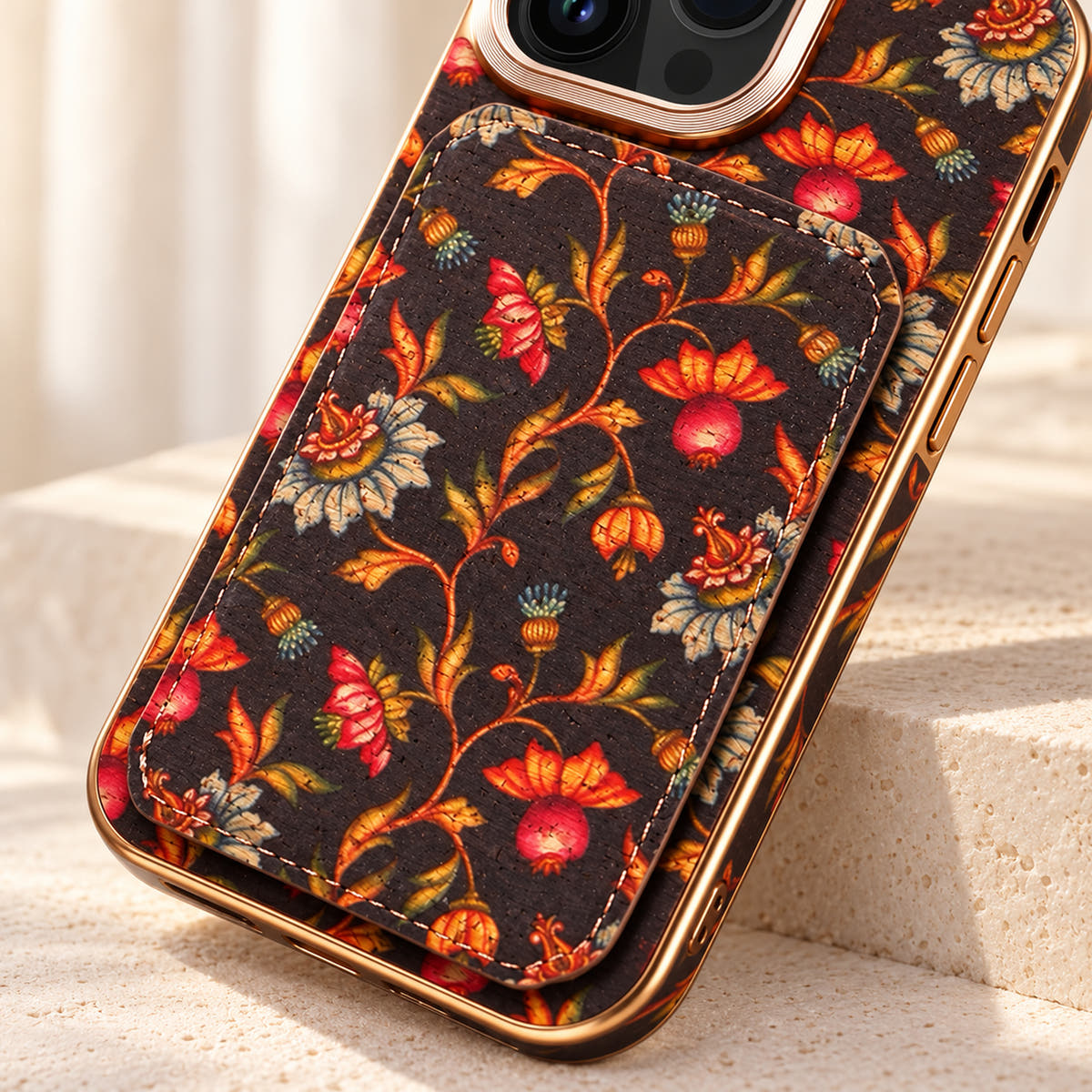Bohemian gold-trim iPhone card holder case in Design #6 showing the pattern, texture and stitched rear wallet edge