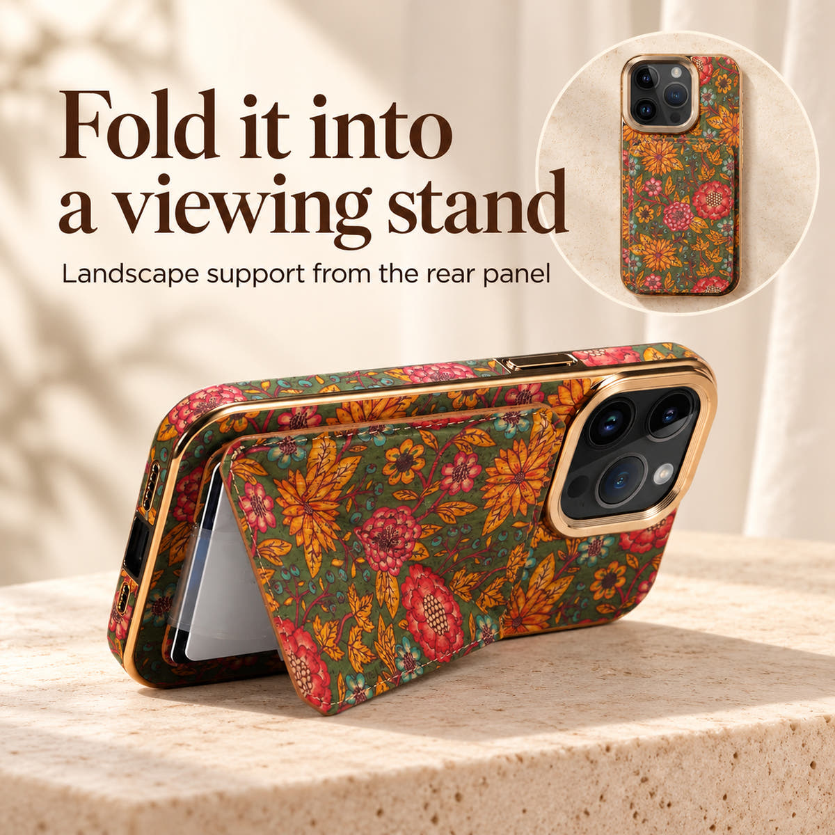 Bohemian Design 1 card holder case with its rear wallet folded into a landscape viewing stand