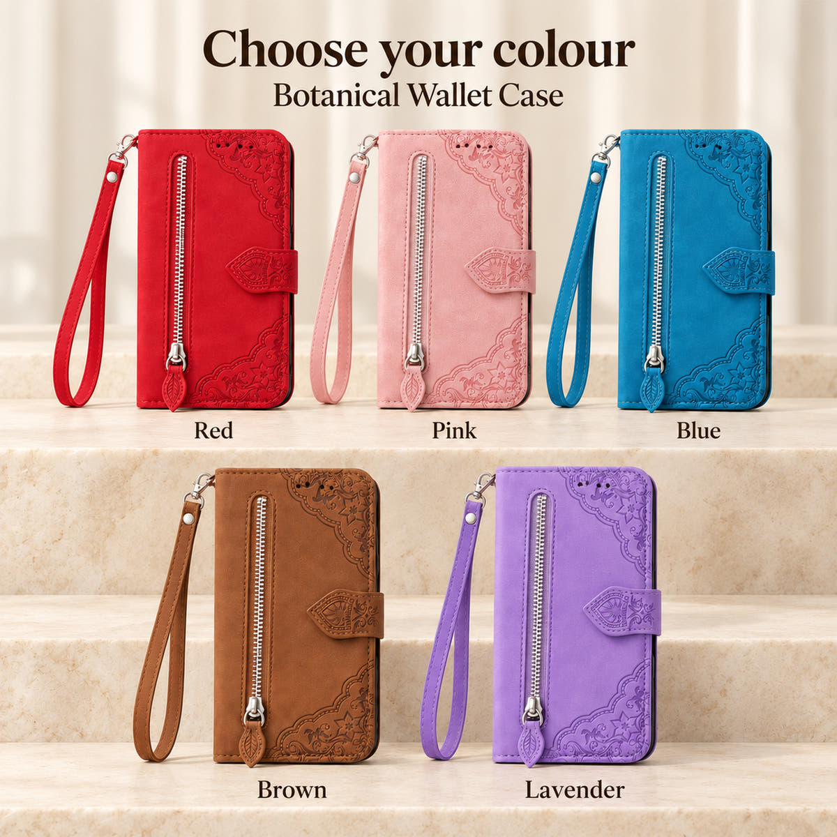 Botanical wallet iPhone case colour guide showing Red, Pink, Blue, Brown and Lavender with their matching silver zip pockets.