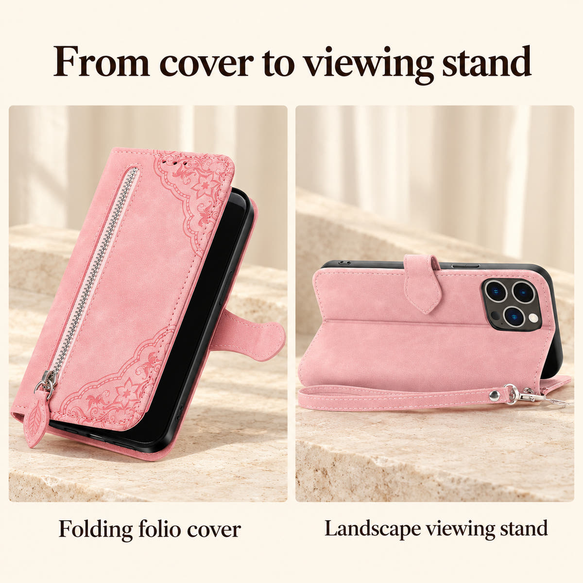 Botanical wallet case feature panel showing the Pink folding folio cover and its rear-facing landscape viewing stand.