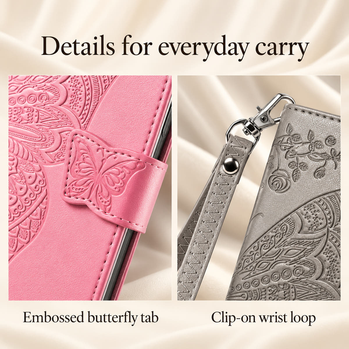 Butterfly wallet case carry details showing the Pink embossed butterfly tab and the Gray clip-on wrist loop with silver hardware.