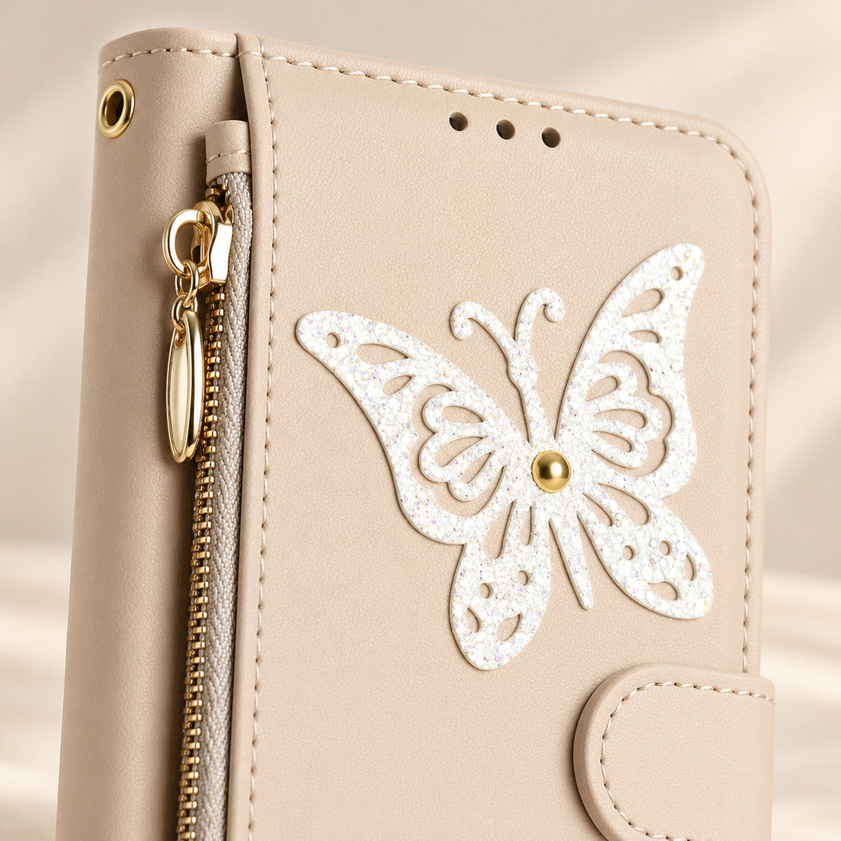 Beige Butterfly iPhone wallet case — butterfly embellishment, stitching and zip detail