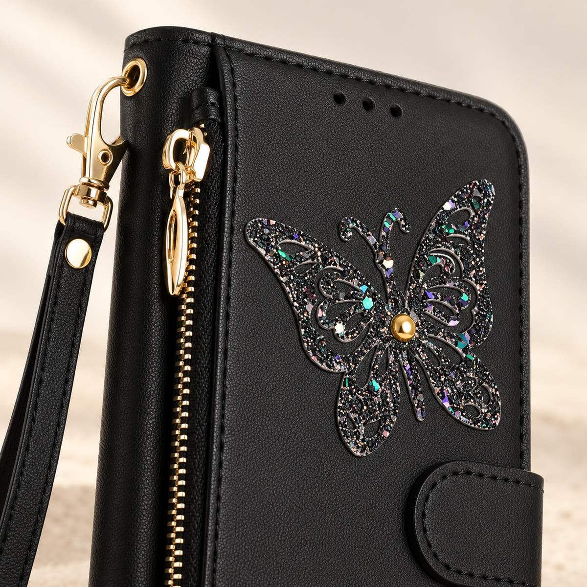 Black Butterfly iPhone wallet case — butterfly embellishment, stitching and zip detail