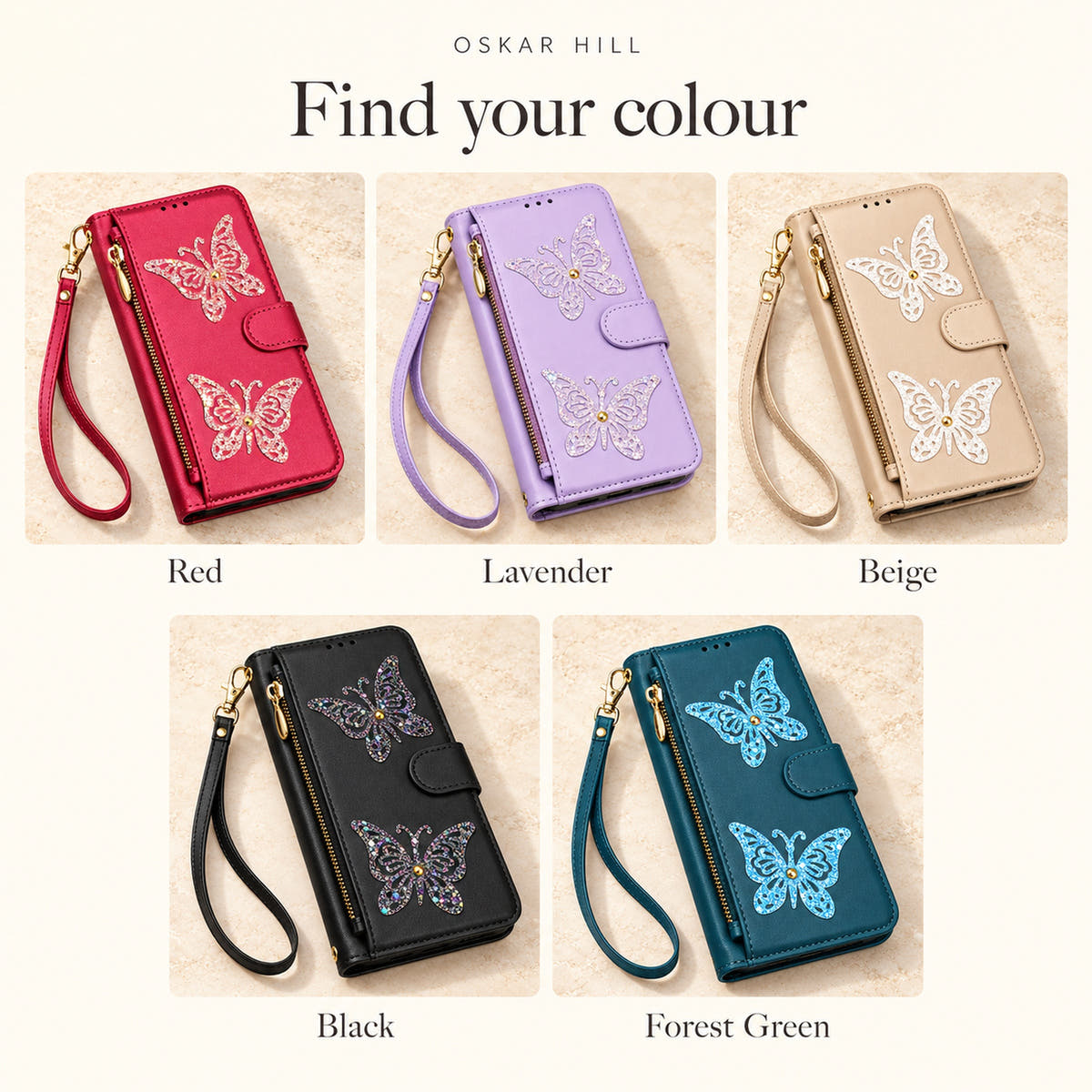 Butterfly iPhone wallet case colour guide: Red, Lavender, Beige, Black and Forest Green
