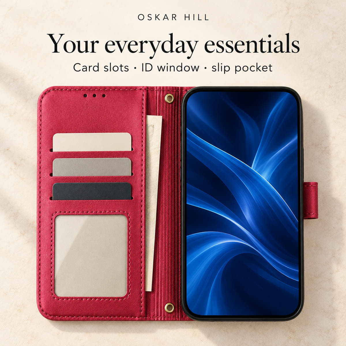 Butterfly wallet case opened to show card slots, ID window and slip pocket