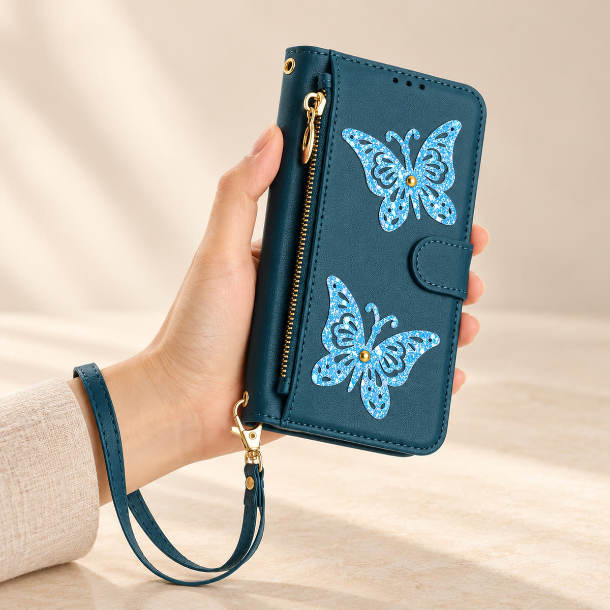Forest Green Butterfly iPhone wallet case — front view with wrist strap