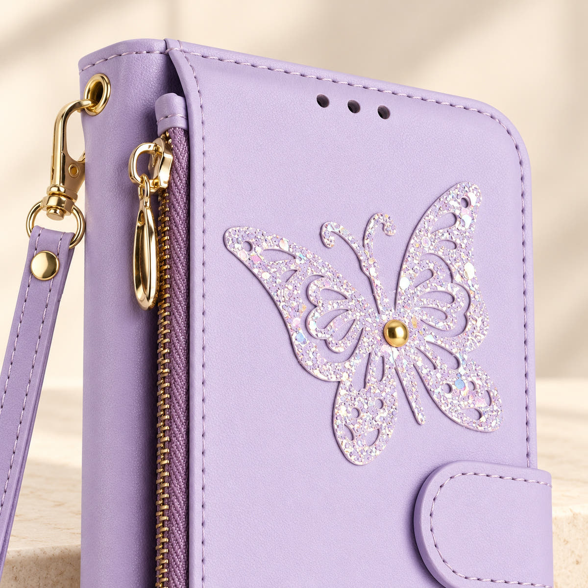 Lavender Butterfly iPhone wallet case — butterfly embellishment, stitching and zip detail