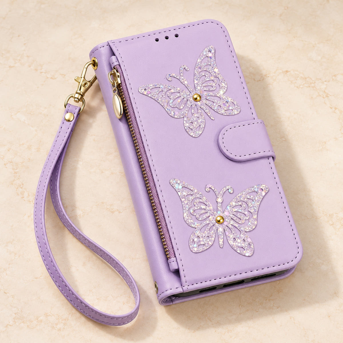 Lavender Butterfly iPhone wallet case — closed cover and zip pocket on a tabletop