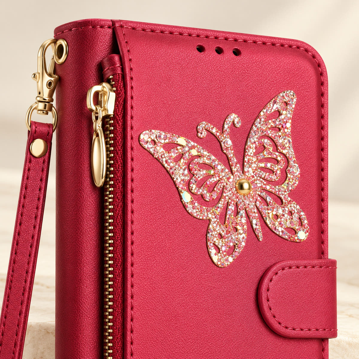 Red Butterfly iPhone wallet case — butterfly embellishment, stitching and zip detail
